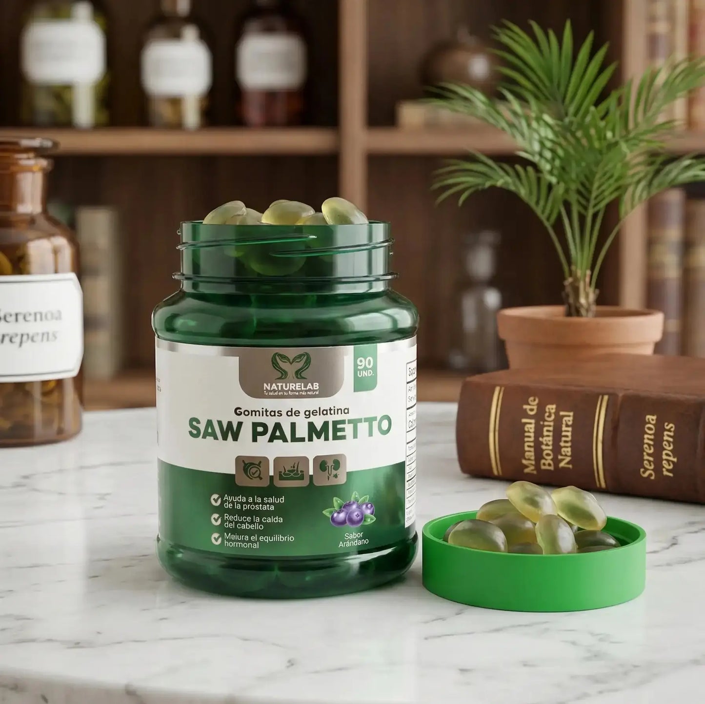 Saw Palmetto + Maca — Gomitas Naturales para la Próstata, el Cabello y la Vitalidad Masculina (90 gomitas x Frasco))
