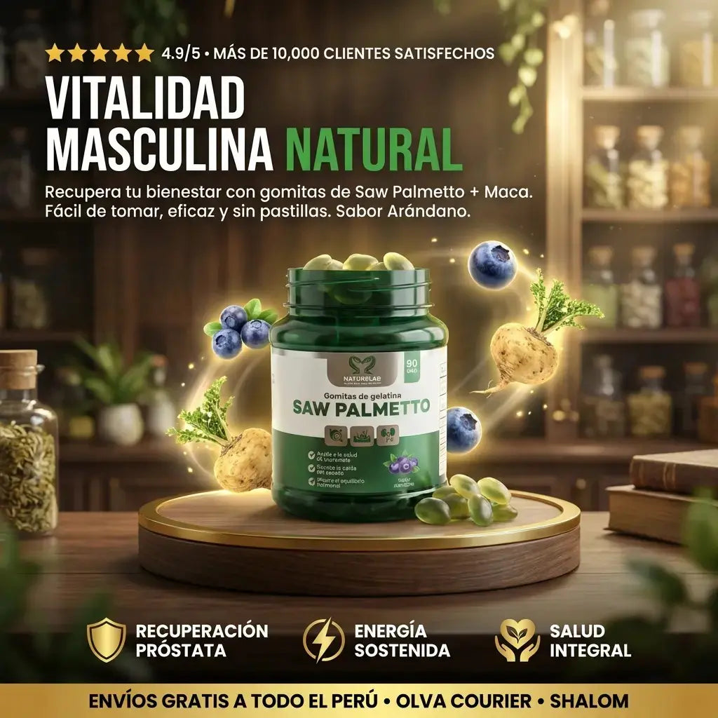 Saw Palmetto + Maca — Gomitas Naturales para la Próstata, el Cabello y la Vitalidad Masculina (90 gomitas x Frasco))